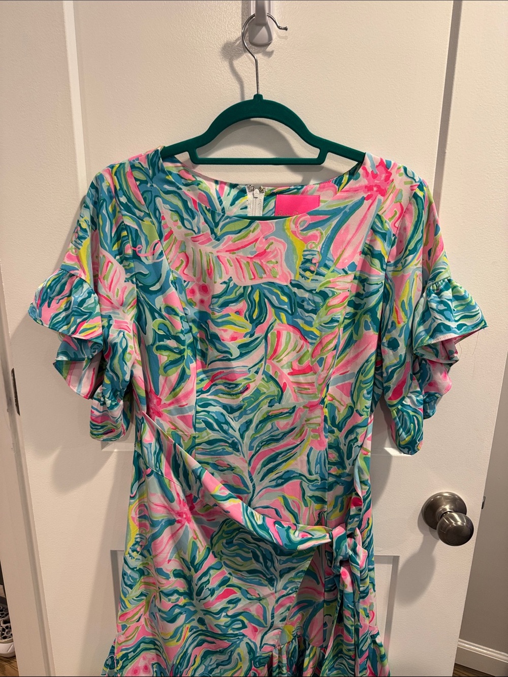 Lilly Pulitzer Pink, Teal & Yellow Tropical Ruffle Wrap Tunic